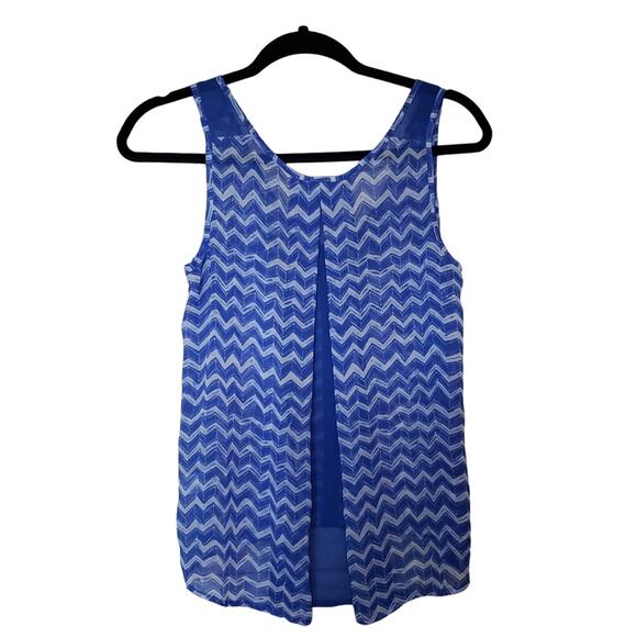 Y2K Oversized Sheer Tank Top Blouse Chevron Stripe Flowy Blue V-Neck Hi Low S - Picture 2 of 11